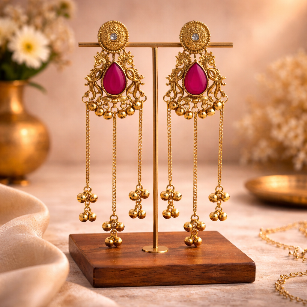 Royal Pink-Stone Kashmiri Jhumka