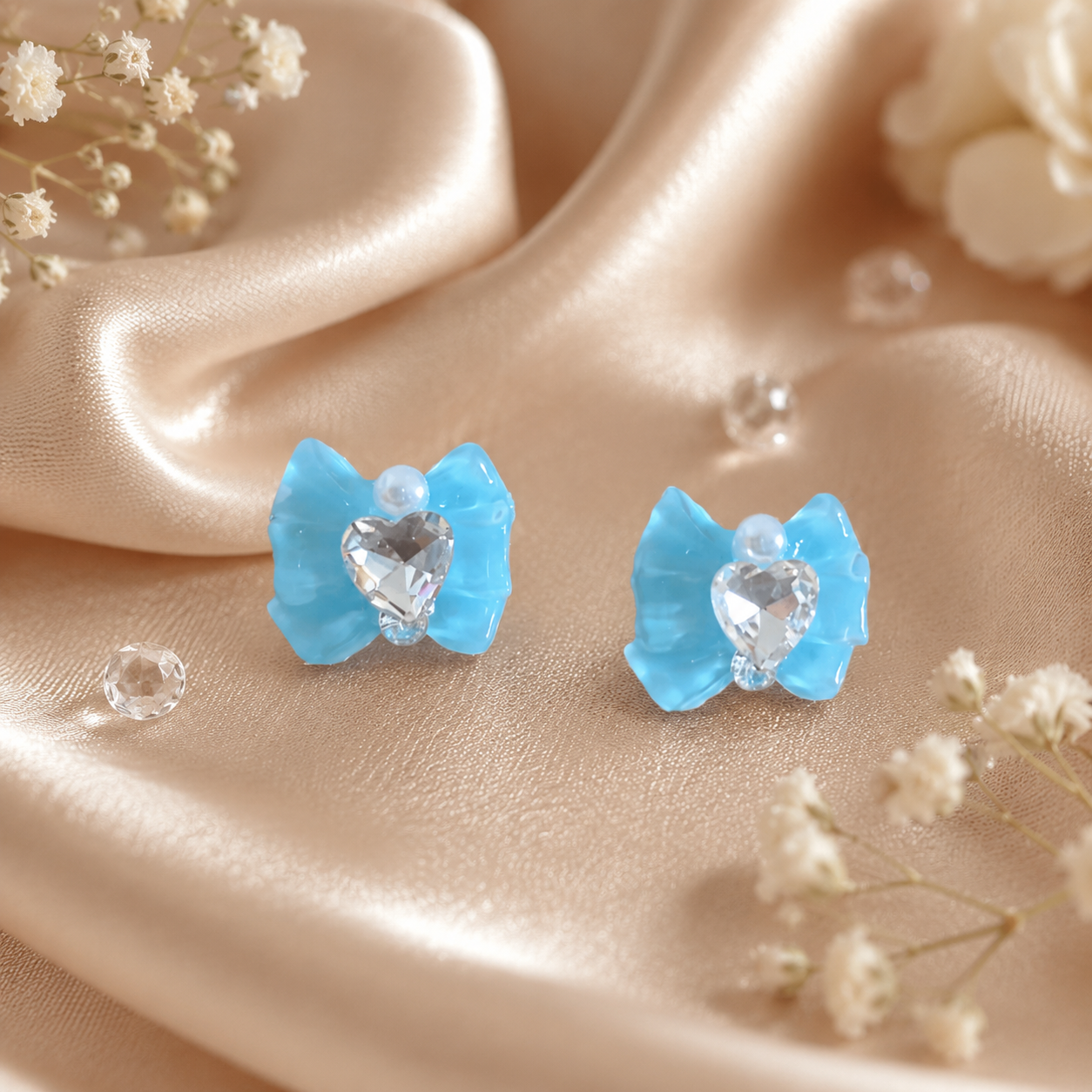 Blue Crystal Bow Stud Earrings