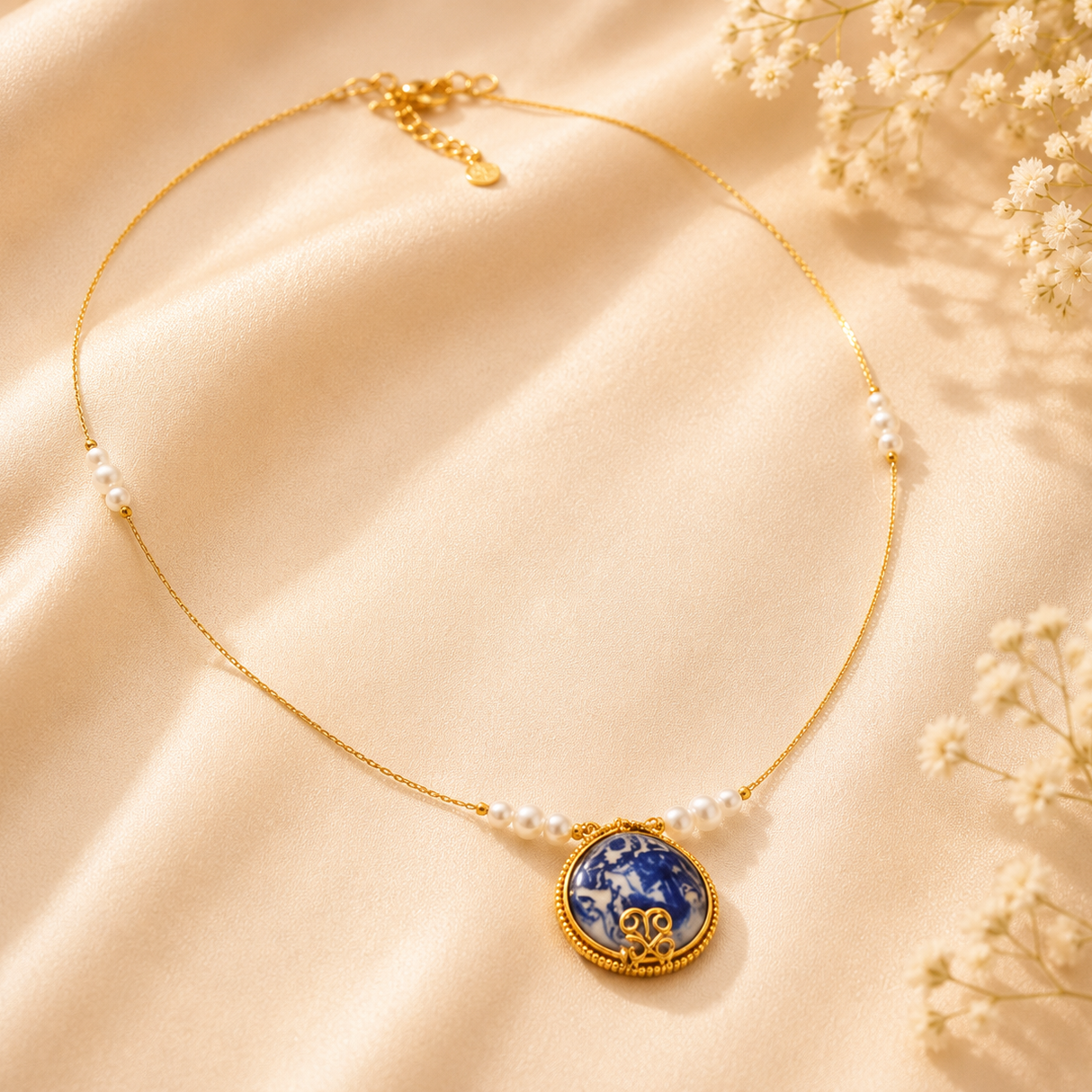 Blue Pearl Medallion Necklace