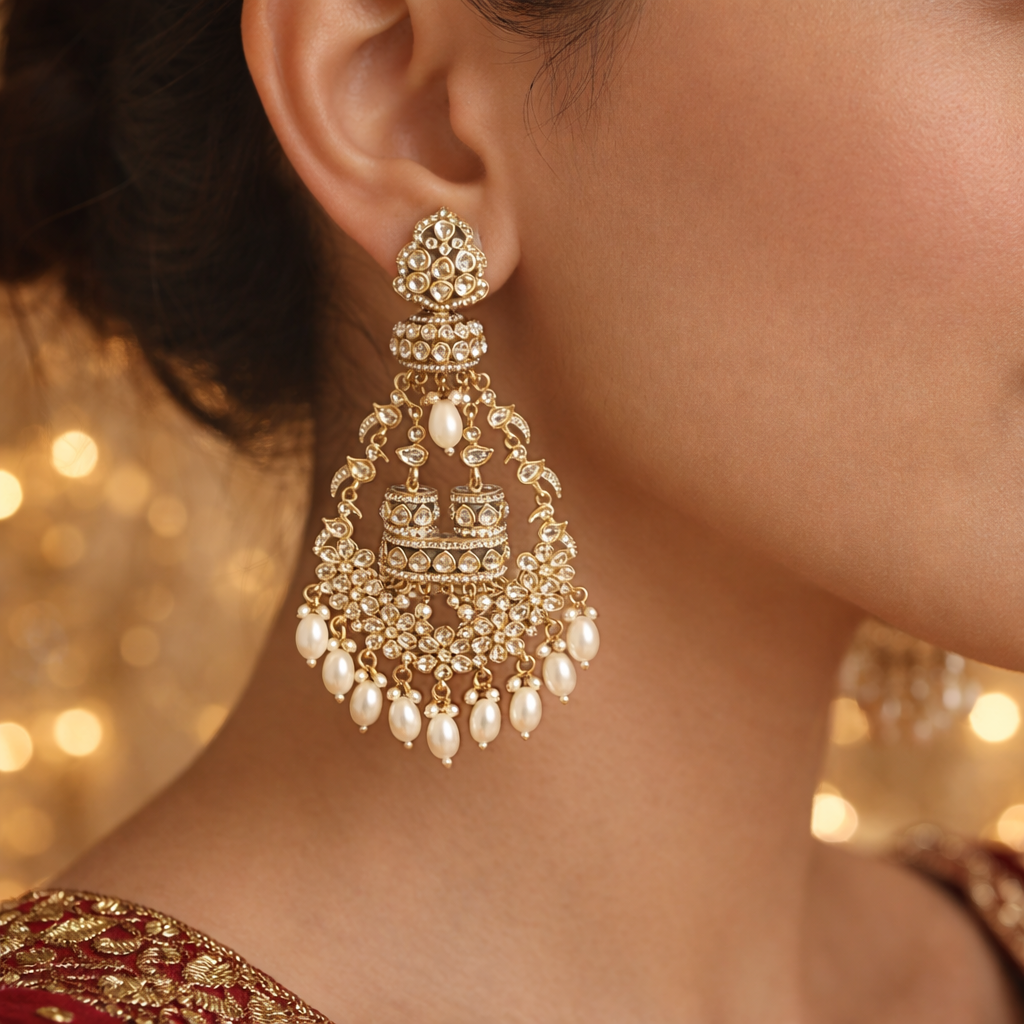 Pearl Chand Jhumka Earrings