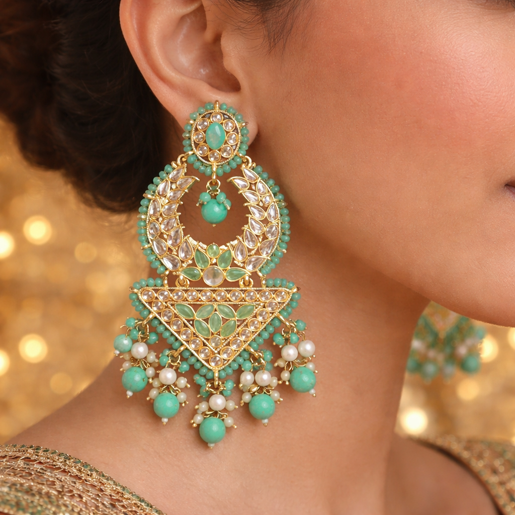 Mint Kundan Chandbali Earrings