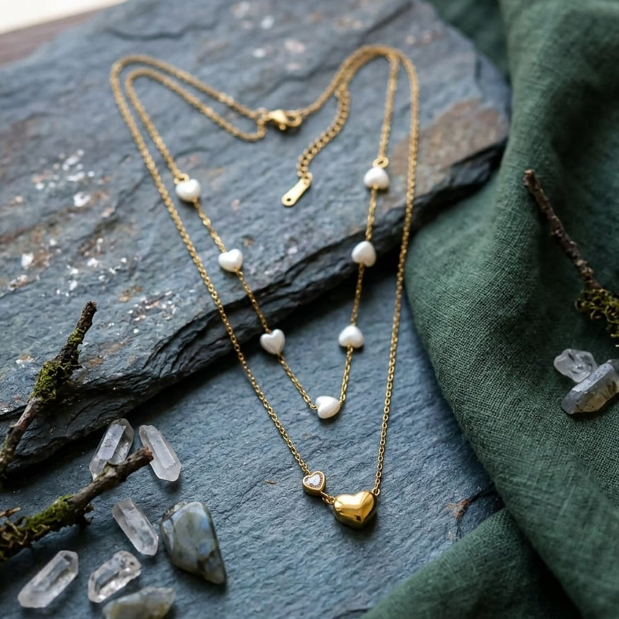 Golden Pearl Layered Heart Necklace