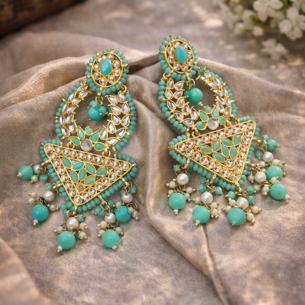 Mint Kundan Chandbali Earrings
